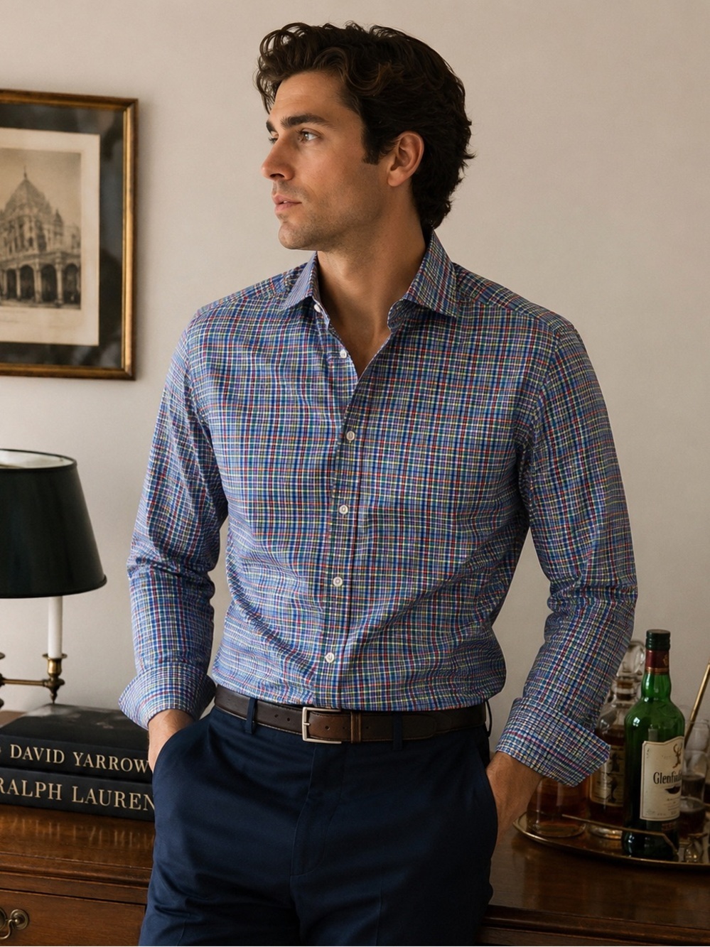 Eton Contemporary Multicolor Check Dress Shirt 17.5 French Cuff 100% Cotton